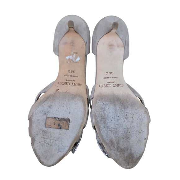 Jimmy Choo Crystal Bow Shimmer Suede Open Toe D'Orsay Taupe Heels 36.5 6.5 - Picture 6 of 6